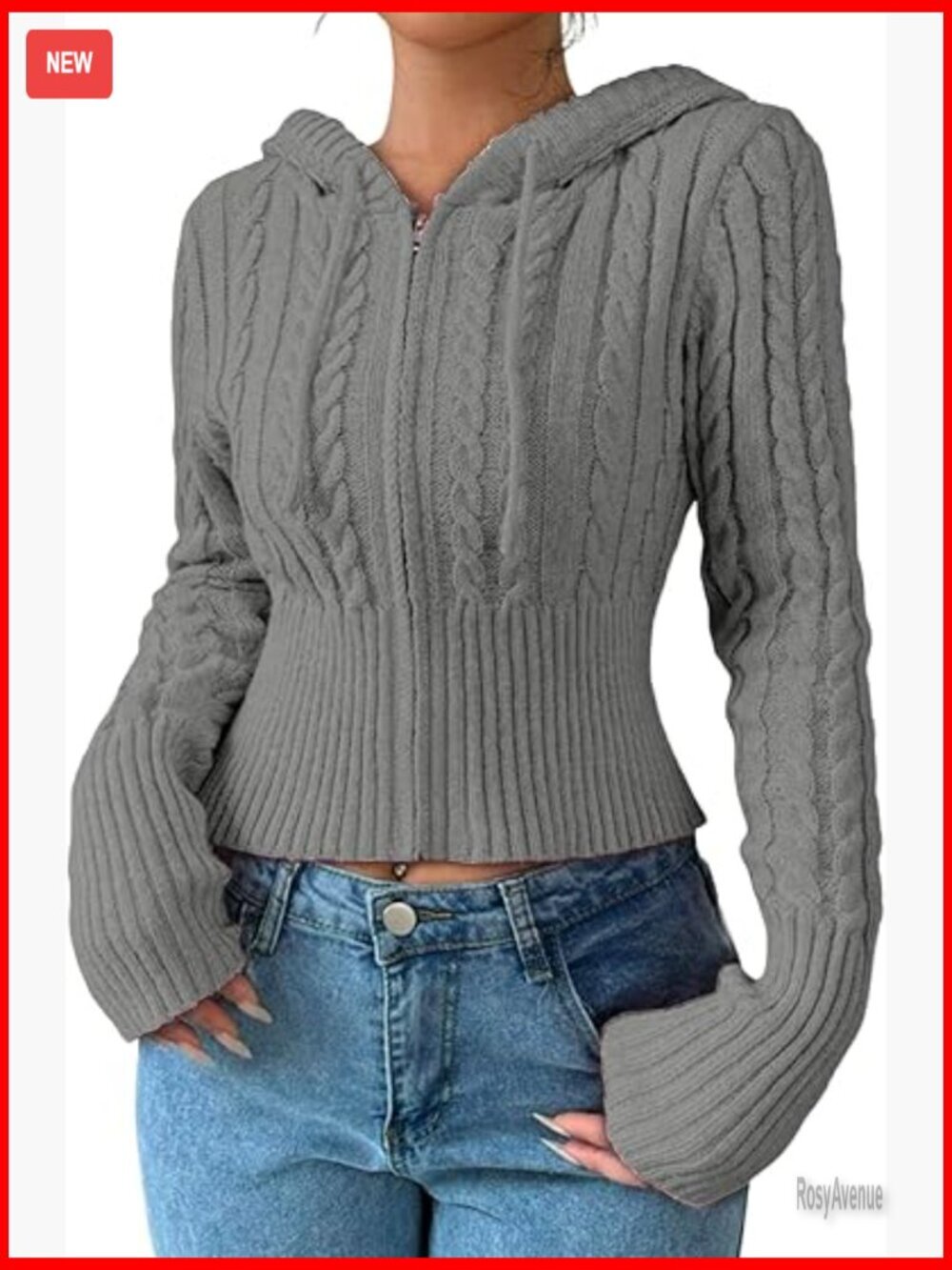 Women's Crop Cardigan Sweater Cable Knit Zip Up Hoodies Long Sleeve Fall Jacket
